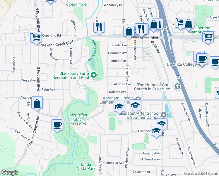 map of restaurants, bars, coffee shops, grocery stores, and more near 10400 Byrne Avenue in Cupertino