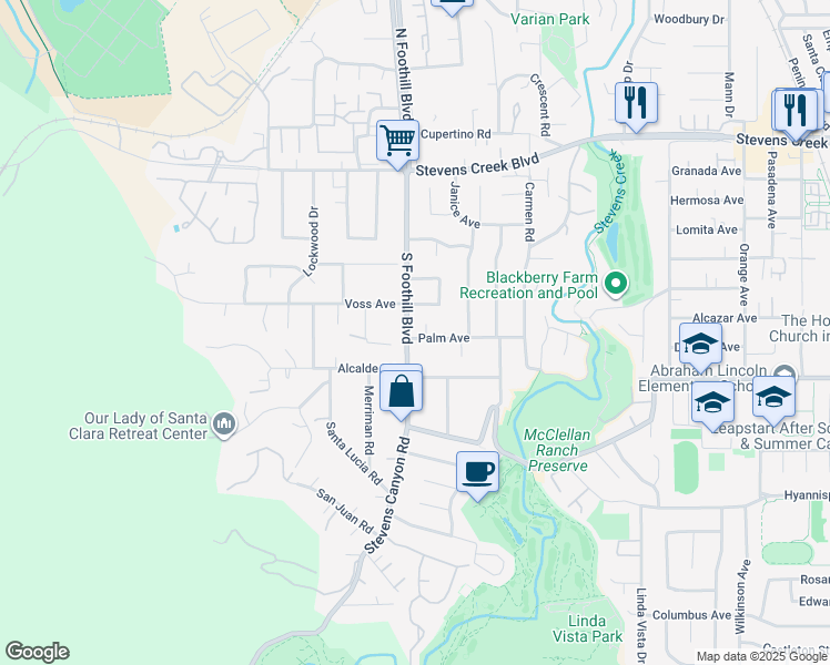 map of restaurants, bars, coffee shops, grocery stores, and more near 22487 Palm Avenue in Cupertino