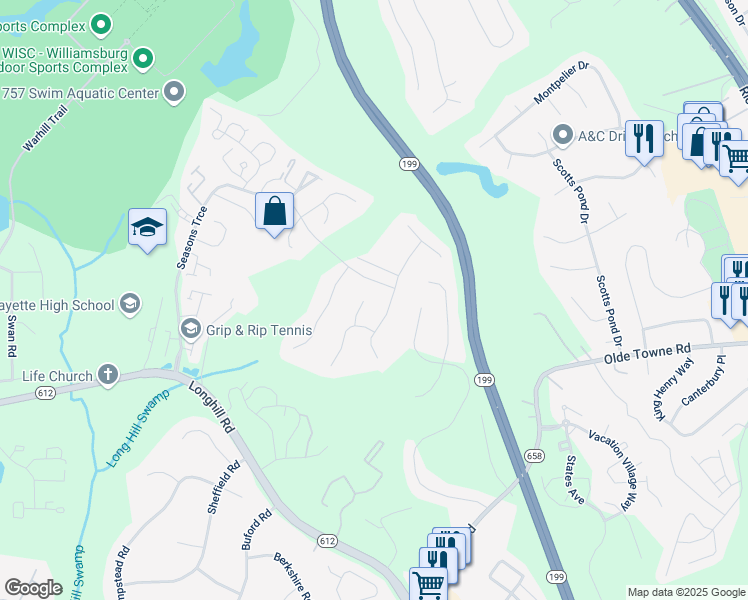 map of restaurants, bars, coffee shops, grocery stores, and more near 112 Puffin Lane in Williamsburg