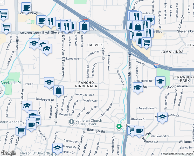 map of restaurants, bars, coffee shops, grocery stores, and more near 10405 Wunderlich Drive in Cupertino