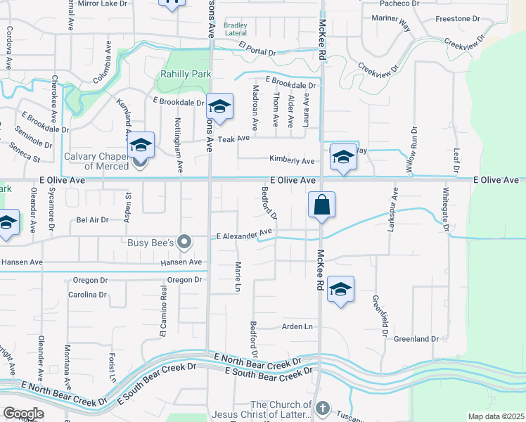 map of restaurants, bars, coffee shops, grocery stores, and more near 3047 Bedford Drive in Merced