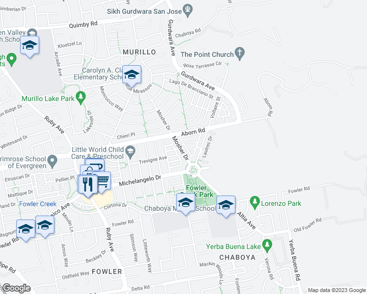 map of restaurants, bars, coffee shops, grocery stores, and more near 3944 Mosher Drive in San Jose