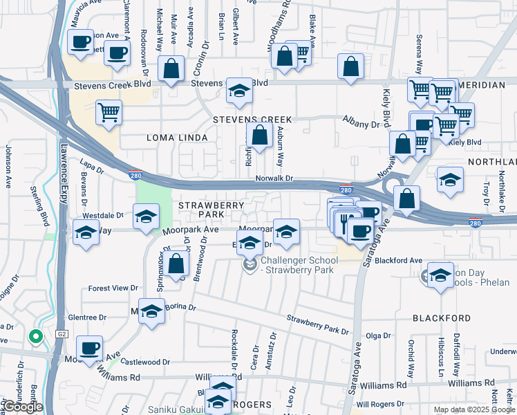 map of restaurants, bars, coffee shops, grocery stores, and more near 518 Blueberry Terrace in San Jose