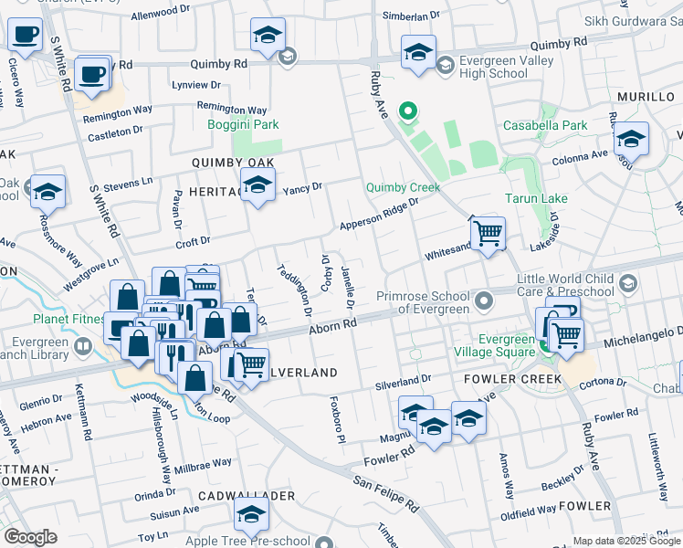 map of restaurants, bars, coffee shops, grocery stores, and more near 3255 Janelle Drive in San Jose