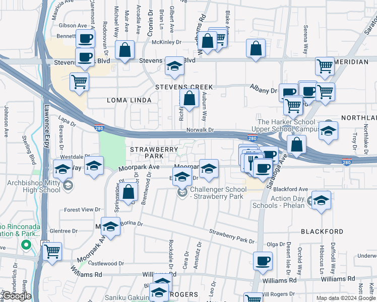 map of restaurants, bars, coffee shops, grocery stores, and more near 518 Blueberry Terrace in San Jose