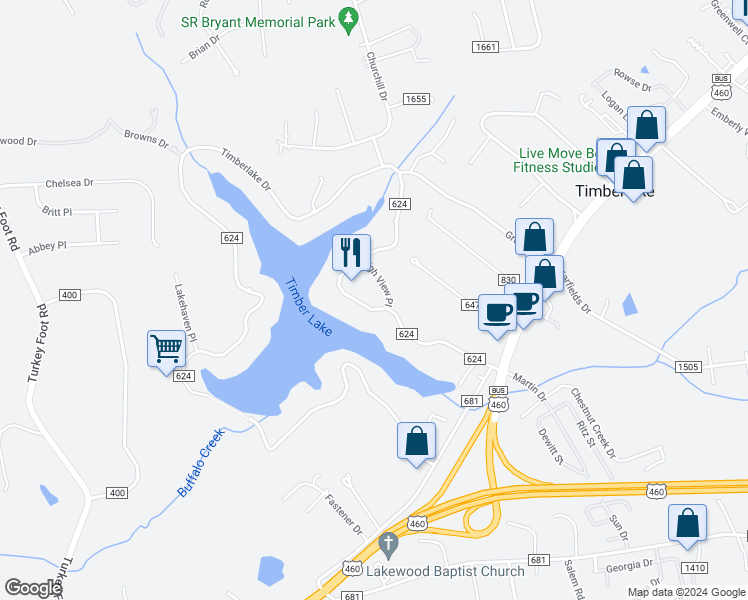 map of restaurants, bars, coffee shops, grocery stores, and more near 363 Timberlake Drive in Lynchburg