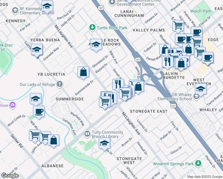 map of restaurants, bars, coffee shops, grocery stores, and more near 2317 Hopeton Ave in San Jose