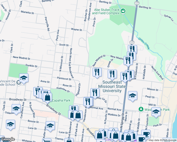 map of restaurants, bars, coffee shops, grocery stores, and more near 811 North Henderson Street in Cape Girardeau