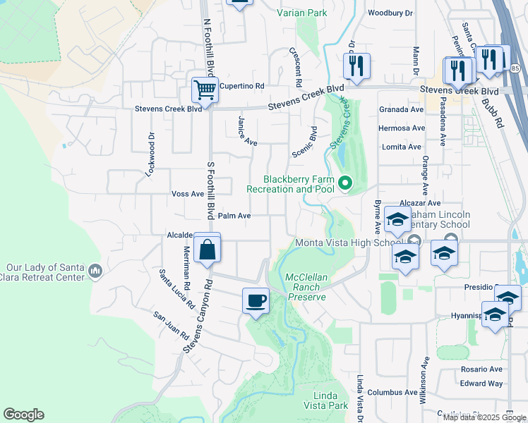 map of restaurants, bars, coffee shops, grocery stores, and more near 10421 Mira Vista Road in Cupertino