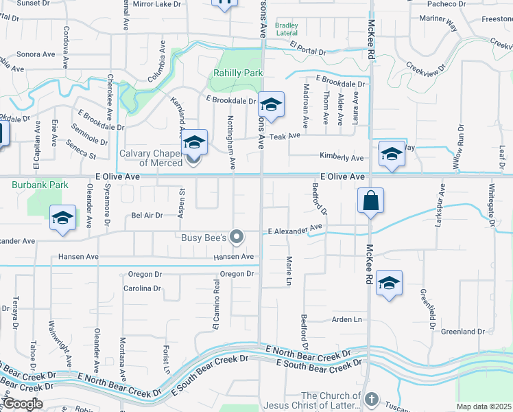 map of restaurants, bars, coffee shops, grocery stores, and more near 3045 Parsons Avenue in Merced