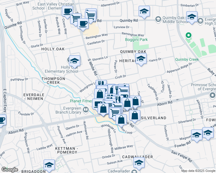 map of restaurants, bars, coffee shops, grocery stores, and more near 2863 D'Amico Drive in San Jose