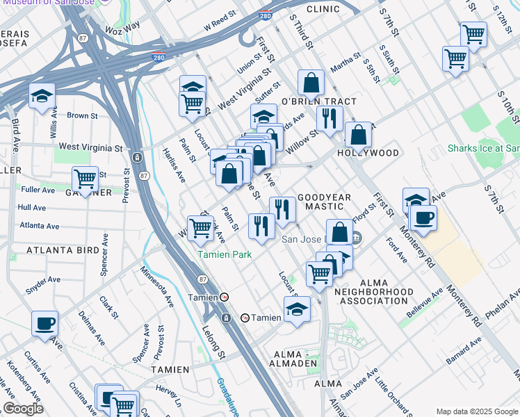 map of restaurants, bars, coffee shops, grocery stores, and more near 1095 Vine Street in San Jose