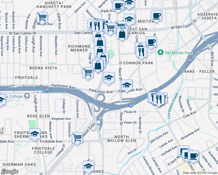 map of restaurants, bars, coffee shops, grocery stores, and more near 1401 Parkmoor Avenue in San Jose