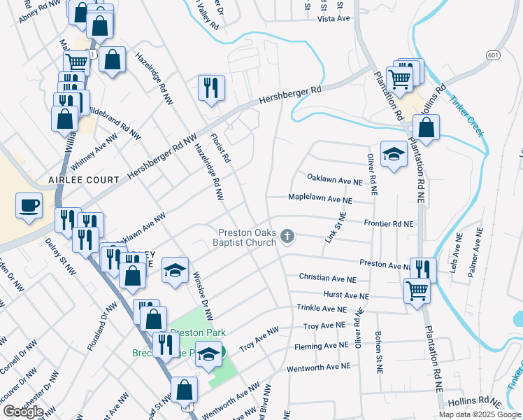 map of restaurants, bars, coffee shops, grocery stores, and more near 4413 Oakland Boulevard Northwest in Roanoke
