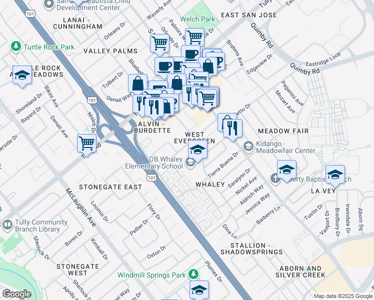 map of restaurants, bars, coffee shops, grocery stores, and more near 1568 Flanigan Drive in San Jose