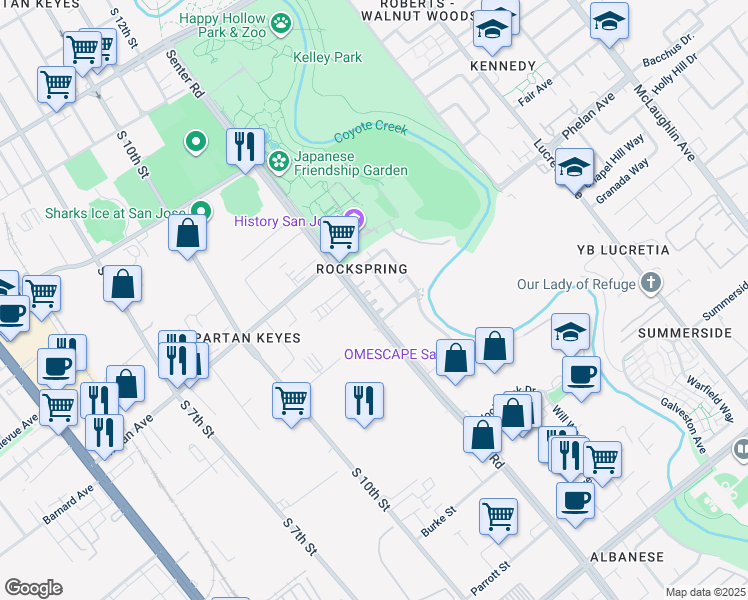 map of restaurants, bars, coffee shops, grocery stores, and more near 1804 Senter Road in San Jose