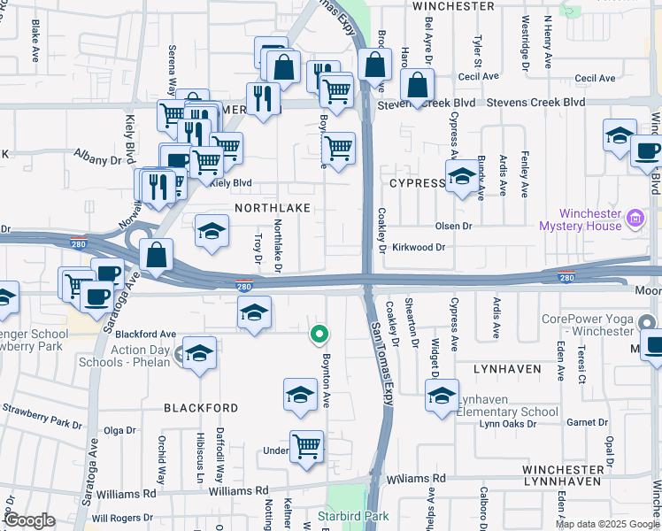 map of restaurants, bars, coffee shops, grocery stores, and more near 3703 Akron Way in San Jose