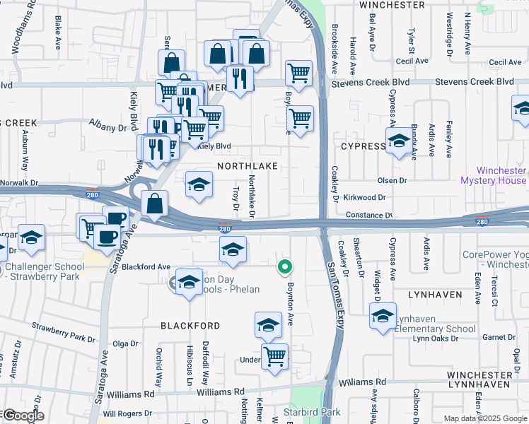 map of restaurants, bars, coffee shops, grocery stores, and more near 540 Northlake Drive in San Jose