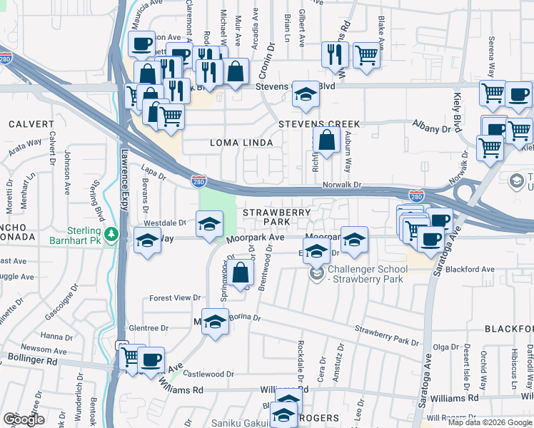 map of restaurants, bars, coffee shops, grocery stores, and more near 544 Crimsonberry Way in San Jose