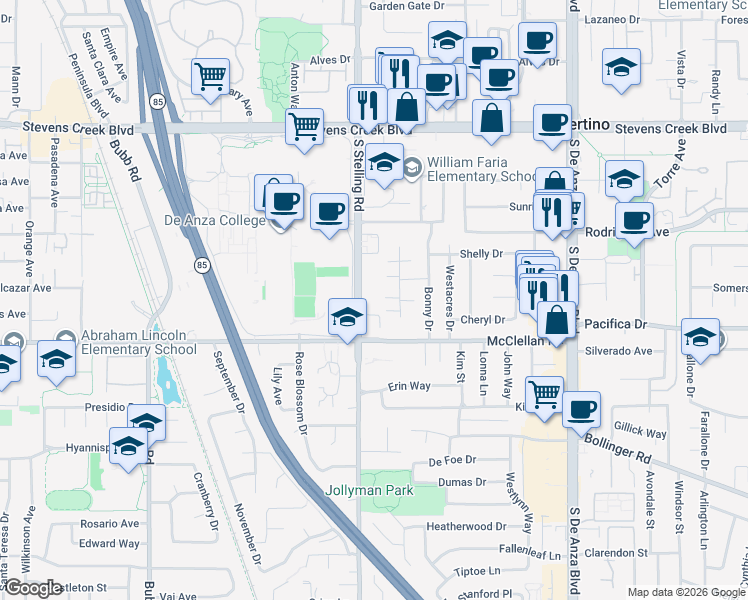 map of restaurants, bars, coffee shops, grocery stores, and more near 20997 Fairwoods Court in Cupertino