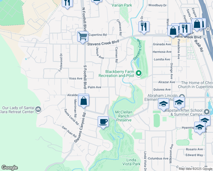 map of restaurants, bars, coffee shops, grocery stores, and more near 10421 Mira Vista Road in Cupertino
