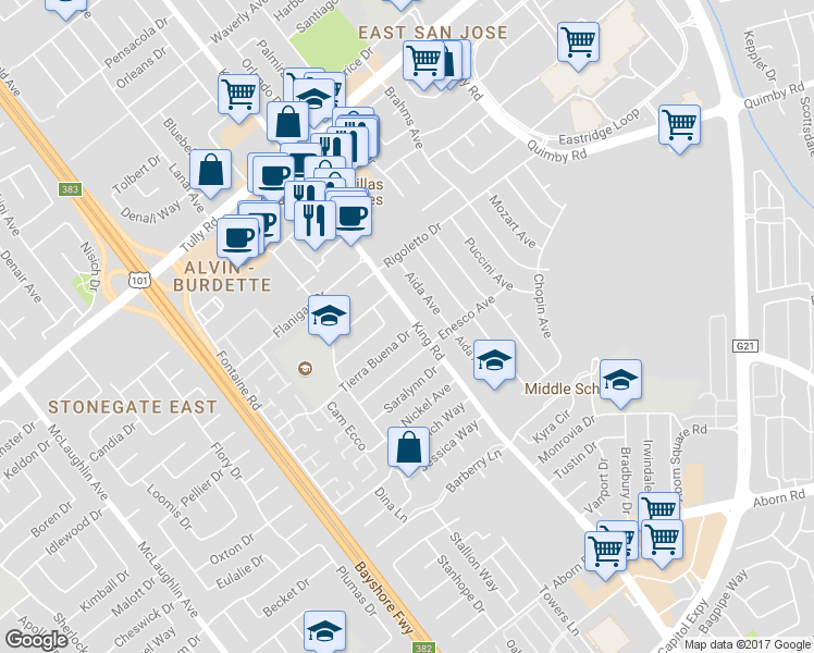map of restaurants, bars, coffee shops, grocery stores, and more near 2669 South King Road in San Jose