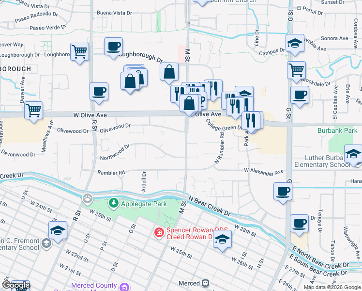 map of restaurants, bars, coffee shops, grocery stores, and more near 2917 M Street in Merced