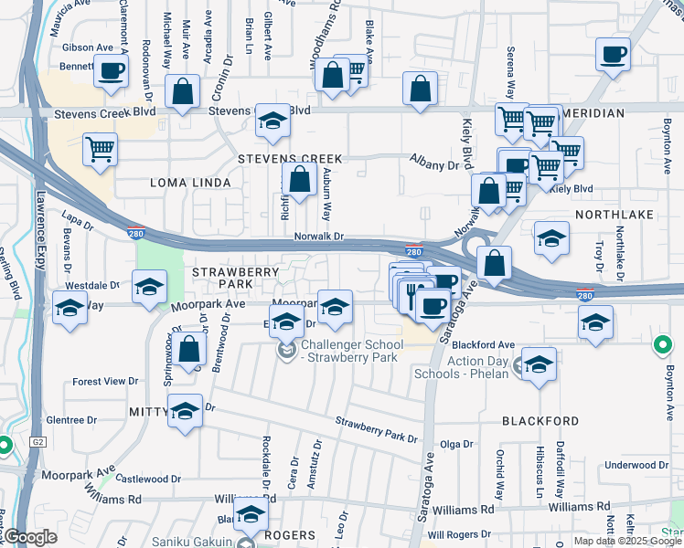 map of restaurants, bars, coffee shops, grocery stores, and more near 548 Hazel Dell Way in San Jose