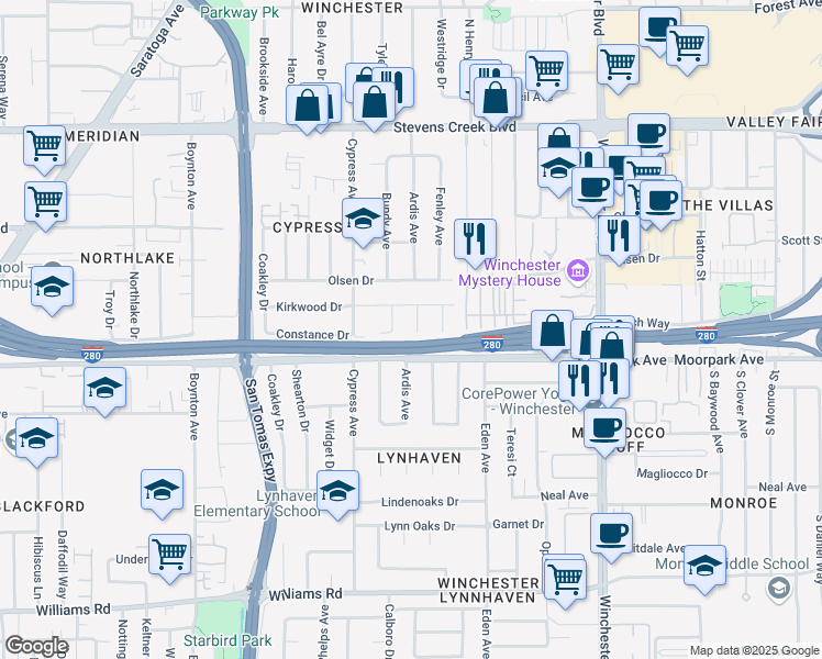map of restaurants, bars, coffee shops, grocery stores, and more near 557 Inez Way in San Jose