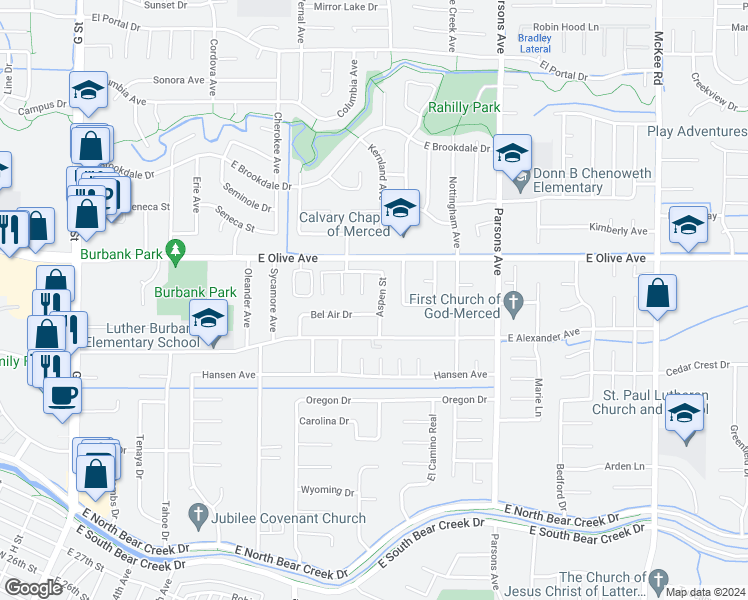 map of restaurants, bars, coffee shops, grocery stores, and more near 3045 Aspen Street in Merced