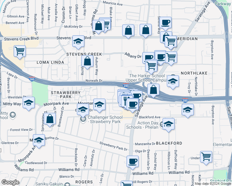 map of restaurants, bars, coffee shops, grocery stores, and more near 540 Greenmeadow Way in San Jose
