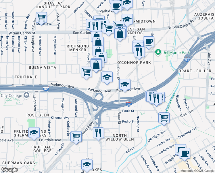 map of restaurants, bars, coffee shops, grocery stores, and more near 1401 Parkmoor Ave in San Jose