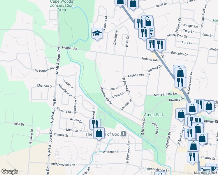 map of restaurants, bars, coffee shops, grocery stores, and more near 2904 Lear Drive in Cape Girardeau
