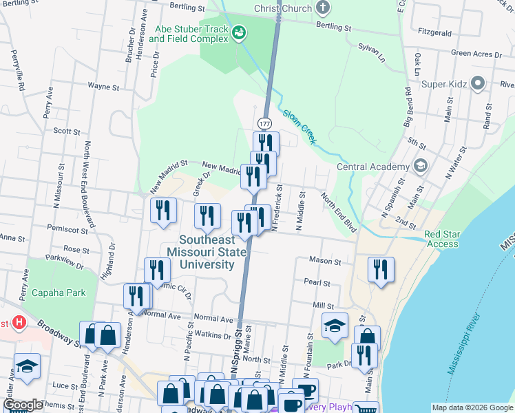 map of restaurants, bars, coffee shops, grocery stores, and more near 1000 North Sprigg Street in Cape Girardeau