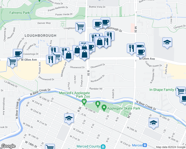 map of restaurants, bars, coffee shops, grocery stores, and more near 2900 R Street in Merced
