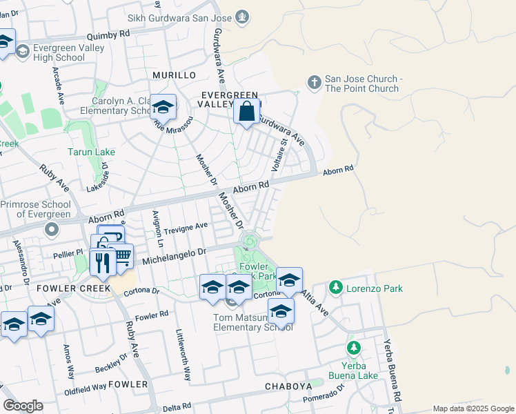 map of restaurants, bars, coffee shops, grocery stores, and more near 4265 Voltaire Street in San Jose