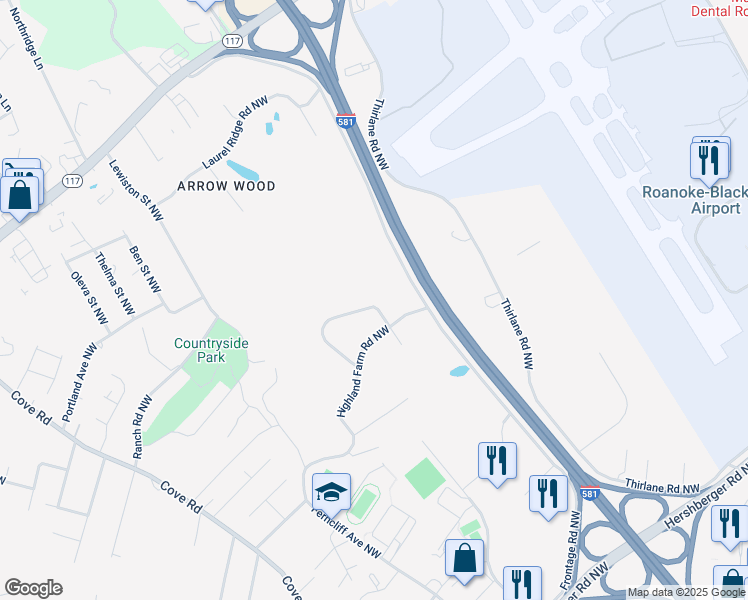map of restaurants, bars, coffee shops, grocery stores, and more near 2458 Tuckawana Circle Northwest in Roanoke