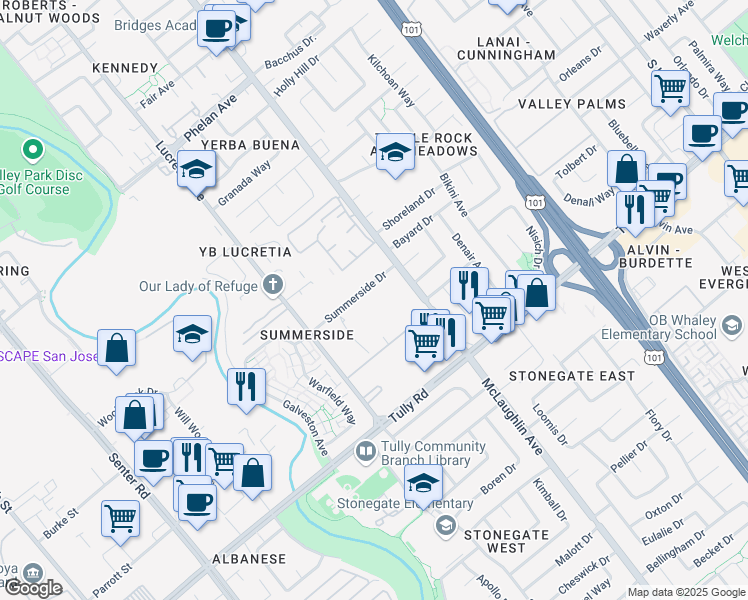 map of restaurants, bars, coffee shops, grocery stores, and more near 2263 McLaughlin Avenue in San Jose