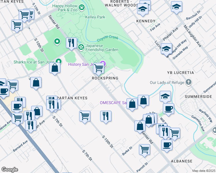 map of restaurants, bars, coffee shops, grocery stores, and more near 1804 Senter Road in San Jose