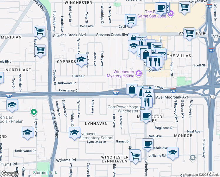 map of restaurants, bars, coffee shops, grocery stores, and more near 806 Redberry Way in San Jose