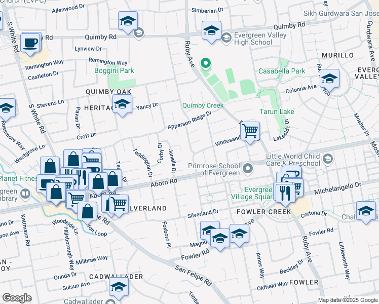 map of restaurants, bars, coffee shops, grocery stores, and more near 3259 Whiterose Drive in San Jose