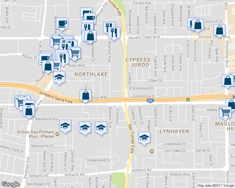 map of restaurants, bars, coffee shops, grocery stores, and more near 3670 Greenlee Drive in San Jose