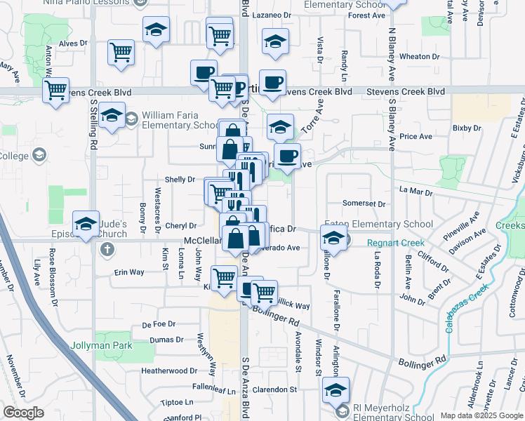map of restaurants, bars, coffee shops, grocery stores, and more near 10430 Park Green Lane in Cupertino