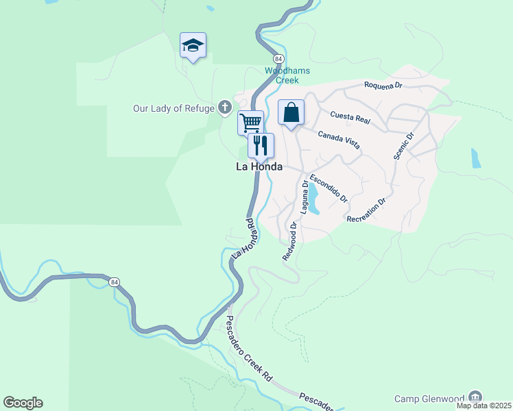 map of restaurants, bars, coffee shops, grocery stores, and more near 8725 La Honda Road in La Honda