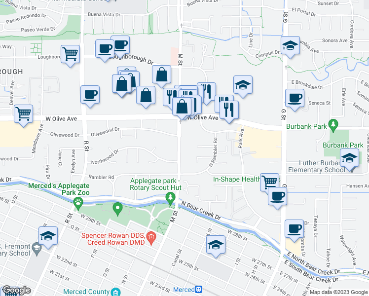 map of restaurants, bars, coffee shops, grocery stores, and more near 2982 M Street in Merced