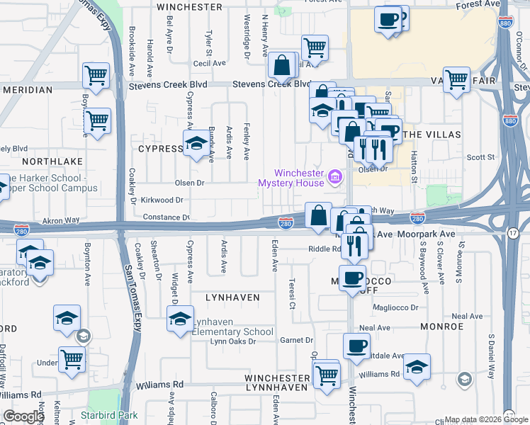 map of restaurants, bars, coffee shops, grocery stores, and more near 806 Redberry Way in San Jose