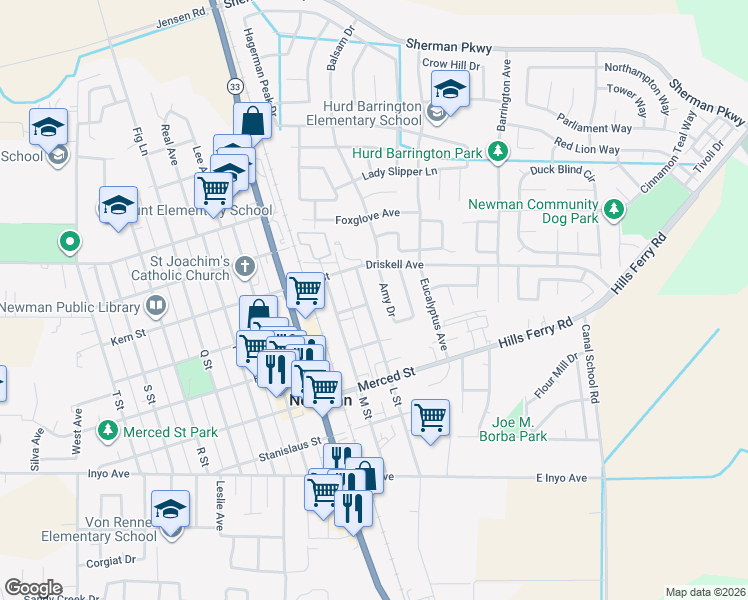 map of restaurants, bars, coffee shops, grocery stores, and more near 1266 L Street in Newman