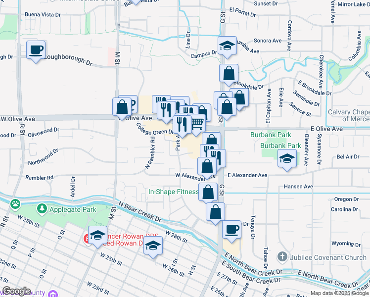 map of restaurants, bars, coffee shops, grocery stores, and more near 3030 Park Avenue in Merced