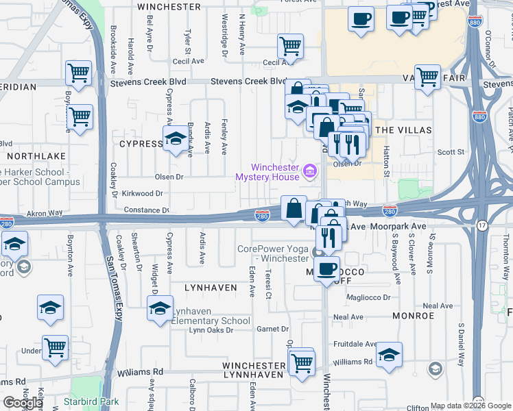 map of restaurants, bars, coffee shops, grocery stores, and more near 655 Lindendale Court in San Jose