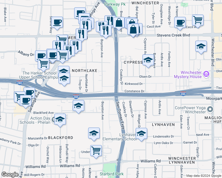 map of restaurants, bars, coffee shops, grocery stores, and more near 3670 Greenlee Drive in San Jose